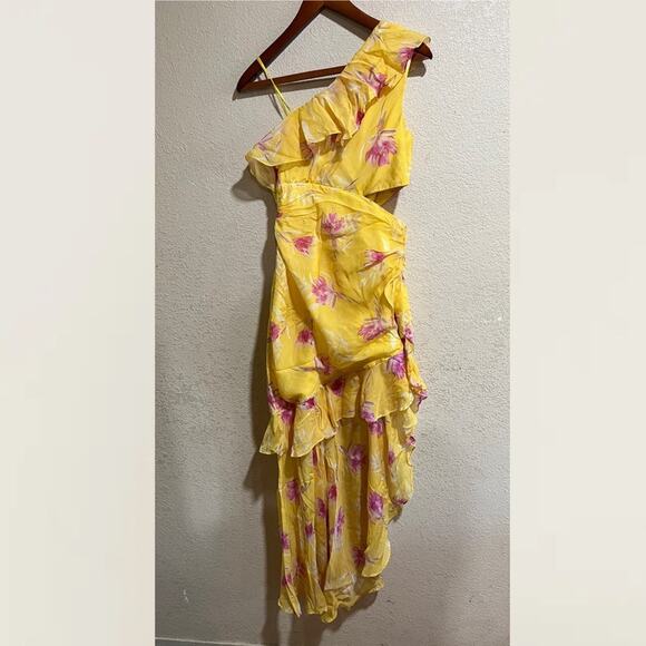 AMUR Vi yellow floral ruffle one shoulder gown 4 - Picture 7 of 12